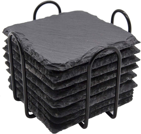 Slate Drink Coasters with Metal Holder, GOH DODD 4 Inch 8 Pieces Black Stone Coasters Bulk Cup Coaster Set for Bar Kitchen Home Apartment, Sqaure