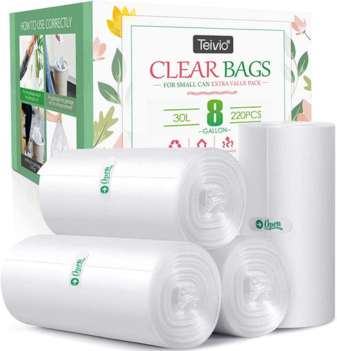 8 Gallon 220 Counts Strong Trash Bags Garbage Bags by Teivio, Bin Liners, for home office kitchen, Clear