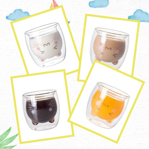 Bgbg Cute Cat Coffee Mug Set of 2, Double Wall Glass Tea Cup Milk Glass Cup Clear Insulated Espresso Mug with Coaster Interesting Gift for You(Cat Mug Set)