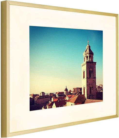 Golden State Art, 11x14 Aluminum Photo Frame with Ivory Mat for 8x10 Pictures - Sawtooth Hangers, Spring Clips - Wall Mounting - Real Glass - Metal Frame (Gold, 1-Pack)