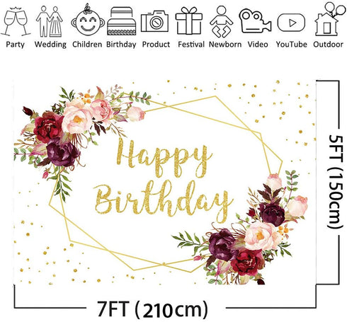 Avezano Happy Birthday Backdrop Rose Burgundy Flowers Adult Women Photo Background Golden Birthday Party Decoration Glitter Dots Dessert Table Banner(7x5ft)