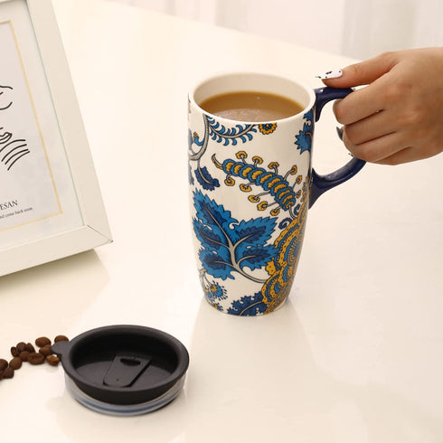 Ceramic Mug with Lid and Handle,17oz. Tall Coffee Cup for Home,Party and Birthday,Blue Flower