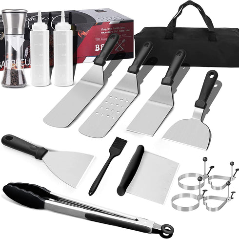 JIGUOOR Griddle Accessories, 16PCS Flat Top Grill Accessories Kit for Blackstone and Camp Chef, with Griddle Metal Spatula, Scraper, Pepper Grinder, Egg Rings, for Camping, Teppanyaki & Gas Grill