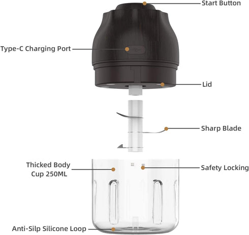 Electric Mini Garlic Chopper,Portable Wireless Onion Masher With Type-C Rechargeable,250ML Food Chopper Mincer With 3 Blades For Garlic/Fruits/Vegetables/Onions/Nuts/Pepper/Ginger/Salad (Black)