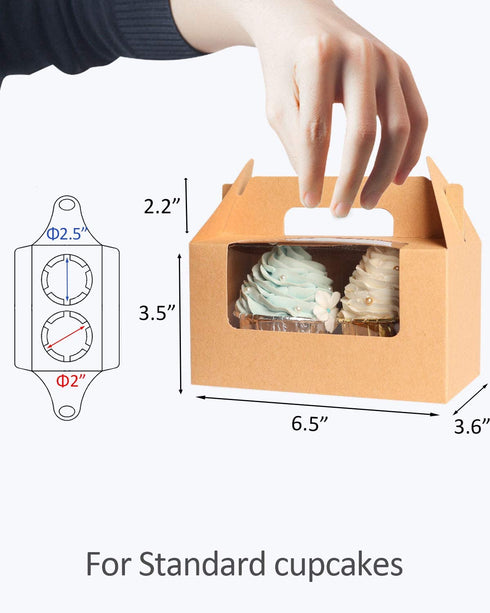 Yotruth Brown Cupcake Box 2 Holders?50Packs?,6.2 x 3.5 x 3.5 inch, Cupcake Carrier with Insert and Display Window Goodies Favor Candy Treat Boxs Muffin Carry Container