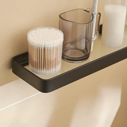 Bathroom Shelves Rectangular Tempered Glass Bathroom Shelf Wall Mounted, with Aluminum Frame, Shower Storage Organizer (12 inch, Matte Black)