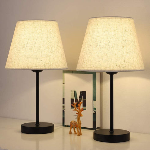 Table Lamp Set of 2, Modern Bedside Table Lamps, Nightstand Lamp Set with Fabric Lamp Shade and Black Metal Base for Bedroom Living Room Kids Room Girls Room Dressers Coffee Table Office College Dorm