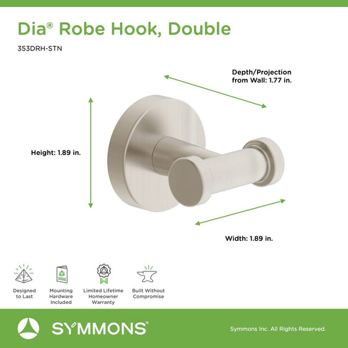 Symmons 353DRH-STN Dia Wall-Mounted Double Robe Hook in Satin Nickel