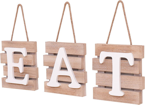 Eat Signs Wood Wall Art Wall Decor Plaque with Hanging Rope 3 Pieces Decorative Rustic Farmhouse Country for Kitchen Dining Living Home Decoration (White)