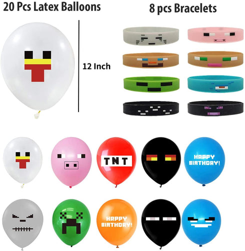 Pixel Style Gamer Birthday Party Supplies includes Banner - Cake and Cupcake Toppers - Balloons - Bracelets - Invitation Cards - Candy Bar Wrappers - Chip Can Labels