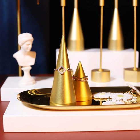 GemeShou Metal Gold 2pcs Set Finger Ring Display Holder Wedding Single Ring Display Cone Stand Jewelry Photography Hand Decor?Gold Ring Holder 2pcs Height 2" and 3.1"?