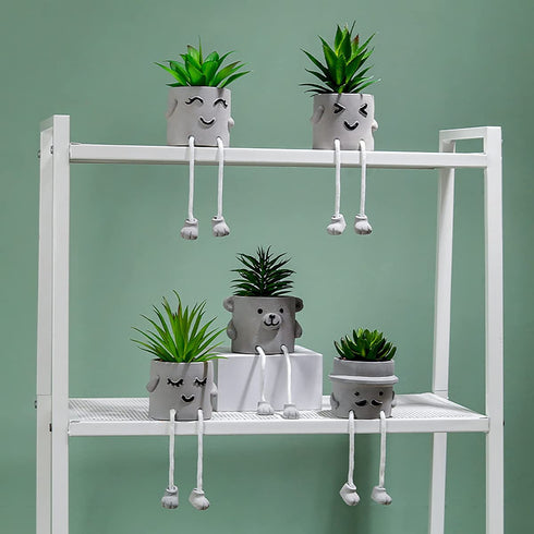 Lavenor Artificial Potted Plant Fake Succulent Plant Cute Hanging Leg Emotional Cement Potted Succulents Decor for Desk Shelf Bedroom Living Room and Office Decoration