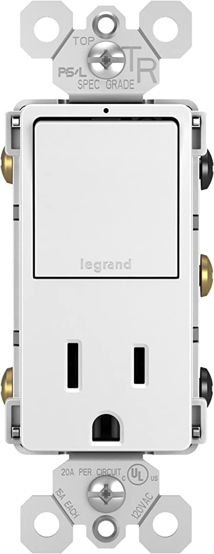 Legrand radiant 15 Amp Combination Switches, Rocker Wall Light Switch, White, Combination 3-Way Switch + Outlet, RCD38TRWCC6