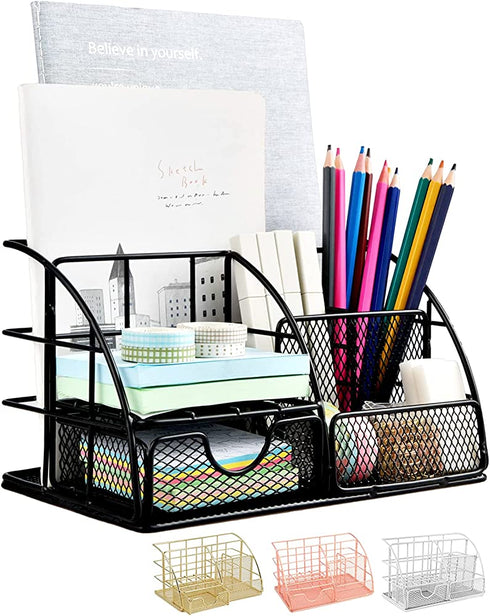 AUPSEN Desk Organizer, Mesh Office Supplies Desk Accessories, Features 5 Compartments + 1 Mini Sliding Drawer(Black)