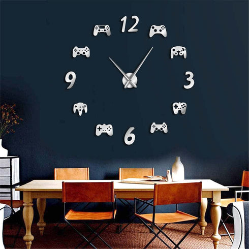 The Geeky Days Video Game Controllers DIY Large Wall Clock Game Room Decor Modern Design Freamless Giant Wall Clock Game Boys Room Wall Watch (Silver)