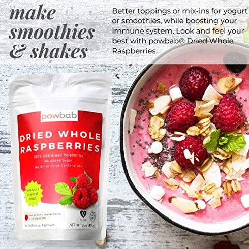 powbab Dried Raspberries Whole - 100% USA Grown Organic Raspberries. No Sugar Added, No Oil, No Juice Concentrate. Unsweetened Dehydrated Fruit. Not Freeze Dried, Frozen or Fresh. For Baking (3 oz)