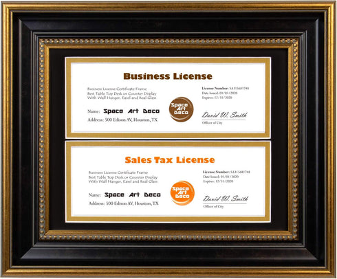 Space Art Deco, 8.5x11 for Business License Frame, Black Over Gold Double Mat with Two 4x9 Business License Openings, Easel Stand, Sawtooth Hanger (Black/Ornate Gold Design)