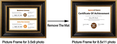 Space Art Deco, 8.5x11 for Business License Frame, Black Over Gold Double Mat with Two 4x9 Business License Openings, Easel Stand, Sawtooth Hanger (Black/Ornate Gold Design)