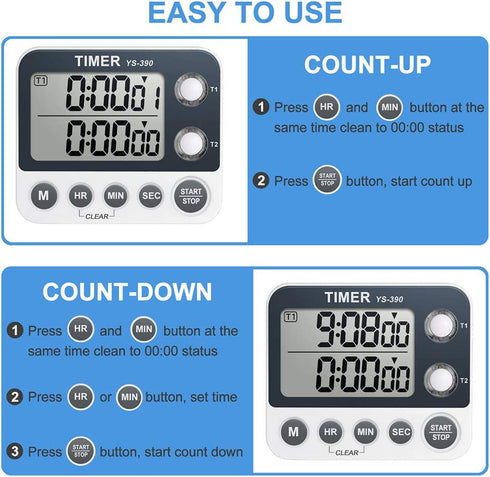 HomeMall Digital Dual Kitchen Timer, Cooking Timer, Dual Count Up ? Down Timer with Magnetic Back, Large Display, Adjustable Volume and Flashing Alarm Light, ON/Off Switch Stopwatch, Battery Included