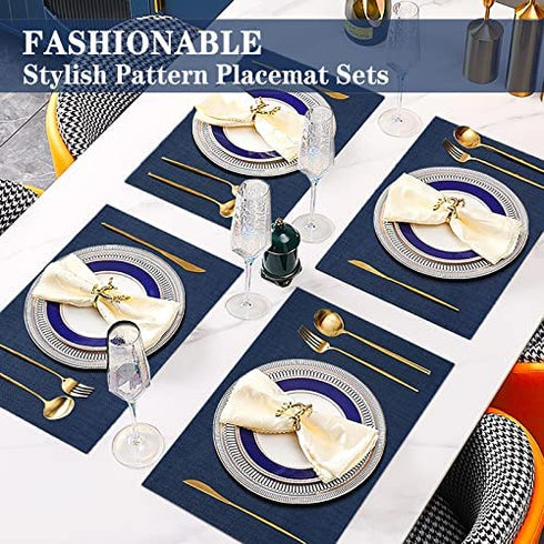 BETEAM Placemats Set of 6, Woven Vinyl Placemats, Washable & Durable Table Placemats, Indoor/Outdoor Use Table Mats, Navy Blue