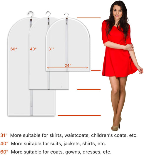 VOSIGREEN Dust Proof Clear Garment Bags 7 Piece Set - 40 Inch Translucent Suit Bags with Full-Length Zipper for Closet Clothes Storage and Travel. Bonus: 5 Natural Cedar Ball.