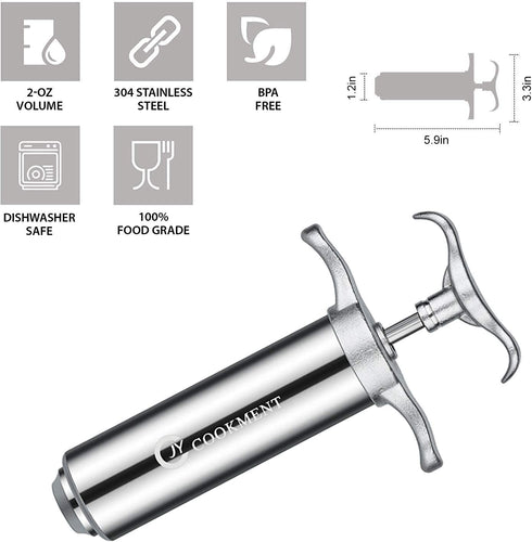 JY COOKMENT Meat Injector Syringe 2-oz Marinade Flavor Barrel 304 Stainless Steel with 3 Professional Needles 2 Cleaning Brushes and 4 Silicone O-Rings