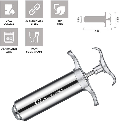 JY COOKMENT Meat Injector Syringe - Flavor Injector with 3 Stainless Steel Professional Needles;2pcs Cleaning Brush for BBQ Grill Smoker 2-oz Large Capacity Barrel