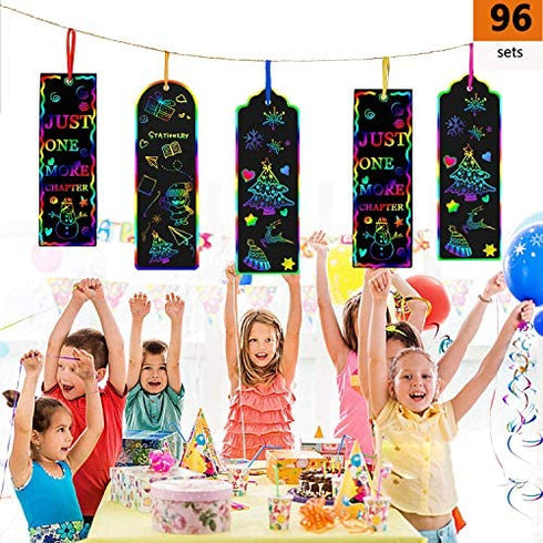 AUGSUN 96 Set Magic Scratch Rainbow Bookmarks Making Kit for Kids Students Christmas Party Favor Scratch Paper DIY Bookmarks Bulk with Bamboo Stylus (Regular)