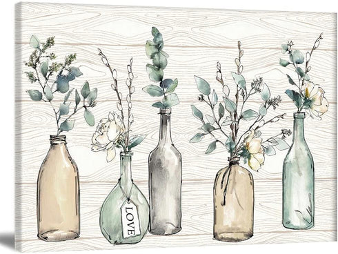 Flower Wall Art Painting Line Wood Texture Botanical Wall Art Canvas Picture Contemporary Botanic in Jar Canvas Artwork for Living Room Bedroom Kitchen Dinning Room Office Home Decor No Frame 24x16in