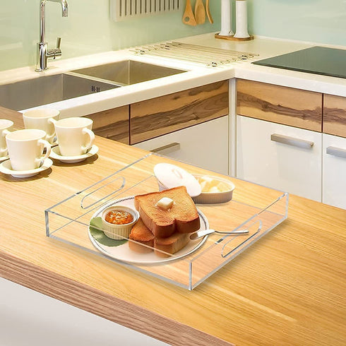 Clear Acrylic Ottoman Tray with Handles -12x12x2 Inch- Decorative Serving Trays for Appetizer,Breakfast -Countertop Organizer Storage Tray for Kitchen,Bathroom,Living Room
