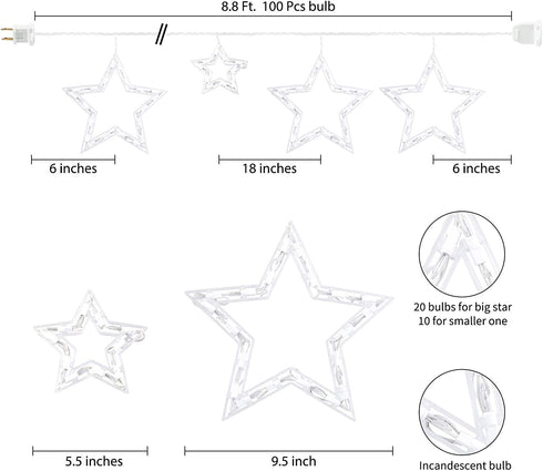 Star Christmas String Lights 8.8 Feet with 6 Drops 100 Mini Bulb Connectable Icicle Fairy Curtain Lights Plug in for Xmas Home Indoor Outdoor Party Wedding (Warm White, Star)