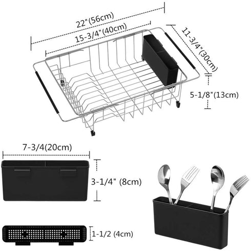 SANNO Large Expandable Dish Drying Rack with Removable Utensil Silverware Holder,Deep Large Dish Rack Over The Sink in Sink On Counter,Dish Drainers Stainless Steel