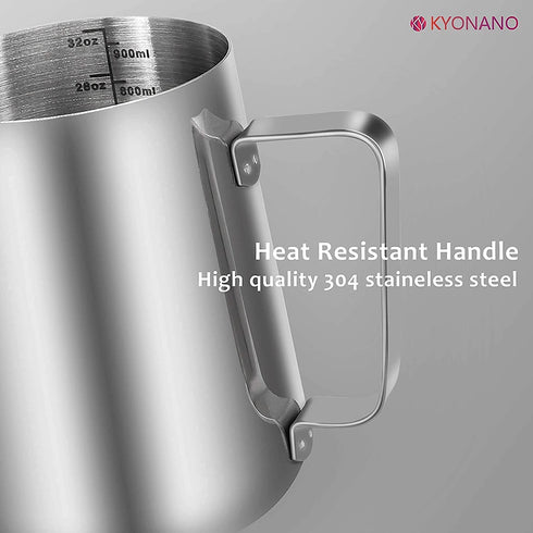 Milk Frothing Pitcher 900ml 32oz Steaming Pitchers Stainless Steel Milk Coffee Cappuccino Latte Art Barista Milk Jug Cup with Insulated Glasses Espresso Mug, 2 Spoon