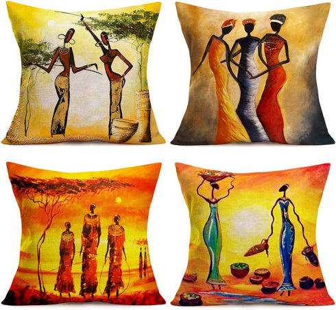Smilyard African Decor Throw Pillow Covers Cotton Linen Oil Painting African Women Print Outdoor Pillow Covers Cushion Home Decorations 18x18 Inch Set of 4 Couch Pillow Case (Woman Set)