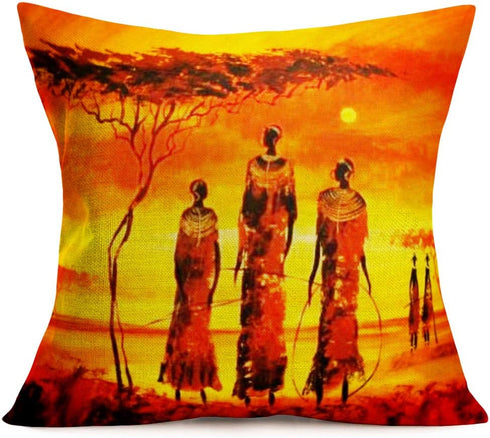 Smilyard African Decor Throw Pillow Covers Cotton Linen Oil Painting African Women Print Outdoor Pillow Covers Cushion Home Decorations 18x18 Inch Set of 4 Couch Pillow Case (Woman Set)