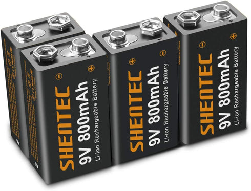 Shentec 9V Rechargeable Lithium Batteries, 800mAh Low Self-Discharge Square 9 Volt LithiumBattery for Alarms, Wireless Microphones, Smoke Detectors, Toys, Flashlights and More(4-Pack)