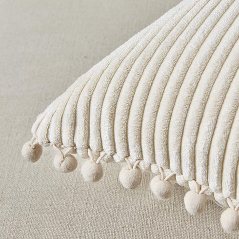 Fancy Homi Pack of 2 Boho Decorative Throw Pillow Covers with Pom-poms, Soft Corduroy Accent Solid Square Cushion Case Set for Couch Sofa Bedroom Car Living Room (20x20 Inch/50x50 cm, Cream)