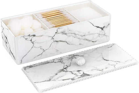 Luxspire Cotton Swab Holder with Lid, Marble Pattern Cotton Ball Holder Dispenser, Barthroom Canister Storage Jar for Cotton Pads Bud Q-tip, Vanity Cosmetics Countertop Organizer with 3 Compartments