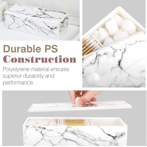 Luxspire Cotton Swab Holder with Lid, Marble Pattern Cotton Ball Holder Dispenser, Barthroom Canister Storage Jar for Cotton Pads Bud Q-tip, Vanity Cosmetics Countertop Organizer with 3 Compartments