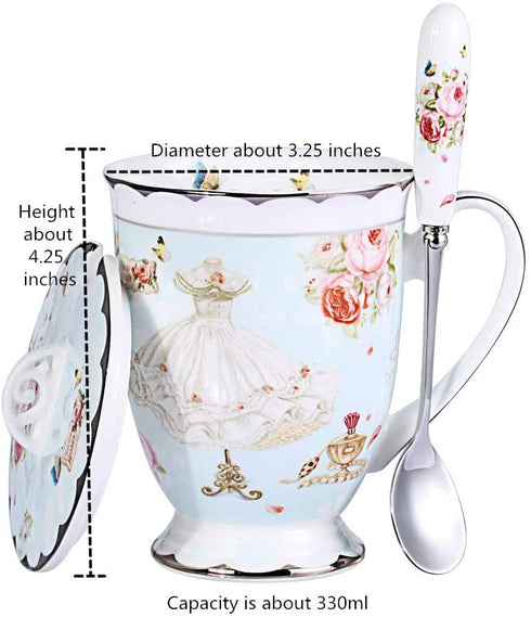 AWHOME Tea Cup and Lid and Spoon Set Royal Fine Bone China Coffee Mug 330ml Light Blue TeaCups