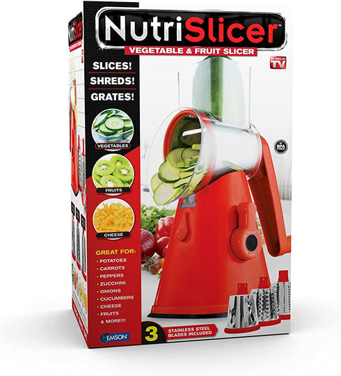 Nutrislicer 3-in1 Kitchen Spinning/Rotating Mandoline Countertop Vegetable Slicer Fruits Slicer Chopper Shredder Grater with 3 Stainless Steel Drum Blades For Vegetable, Fruits, Cheese As Seen On TV