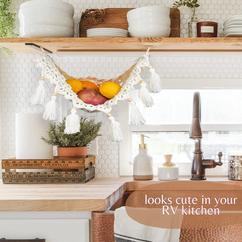 Kitchen Fruit Hammock Under Cabinet by Basket Mama - Handwoven Knitted Hanging Fruit Basket to Save Kitchen Counter Space - Boho Soft Design