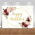 Avezano Happy Birthday Backdrop Rose Burgundy Flowers Adult Women Photo Background Golden Birthday Party Decoration Glitter Dots Dessert Table Banner(7x5ft)