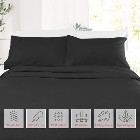 Setaluna Soft and Silky 5 Piece Bed Sheet Set Easy Fit 12" to 18" Deep Pocket Fitted Sheet, Flat Sheet, Pillow Cases, Breathable & Cooling Comfy Sheets, Split King Size, Black