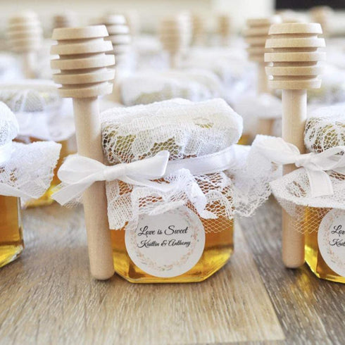 Adabocute 1.5 oz Hexagon Mini Glass Honey Jars with Wooden Dipper, Gold Lids, Gold Bee Pendants, Jutes, 20 Pack- Perfect for Baby Showers, Wedding Favors, Party Favors