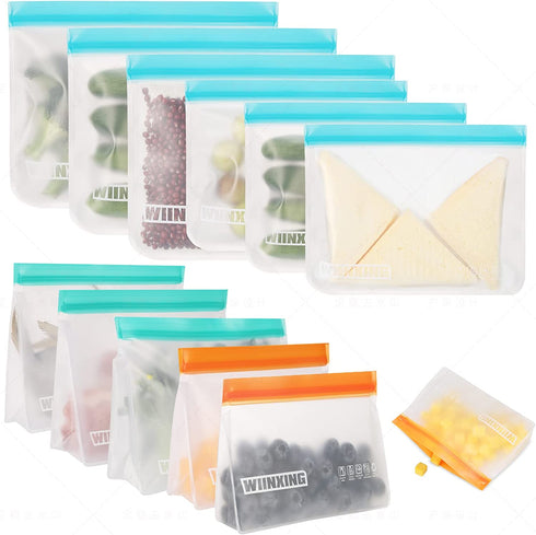 WIINXING Reusable Food Storage Bags- 12 Pack BPA FREE Stand Up and Flat Freezer Bags( 6 Large Leakproof Sandwich Bags + 6 Medium Food Grade Kids Snack Bags) Resealable Lunch Bag for Meat Fruit Veggies