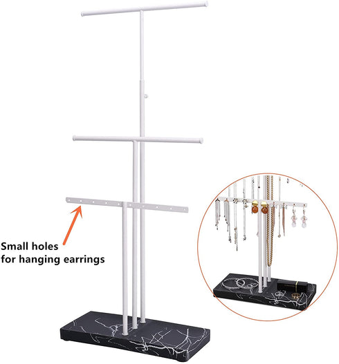 LKKL Jewelry Organizer Stand with Adjustable Extra Long Tier, 3-Tier Jewelry Holder Stand with Resin Tray, Necklace Holder, Jewelry Tree, Jewelry Tower For Earrings, Long Necklaces, Bracelets and Rings- White