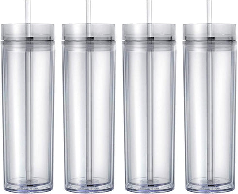 Maars Drinkware Double Wall Insulated Skinny Acrylic Tumblers with Straw and Lid, 16 oz. (4 pack, Clear)