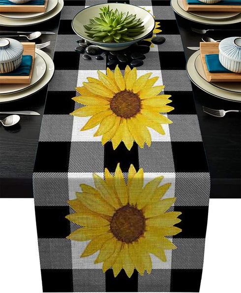 Linen Table Runner for Dining Table,Farm Sunflower Buffalo Plaid Black and White Machine Washable Table Top Covers 72 Inches for Home Kitchen Wedding Party Outdoor Decor
