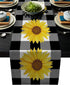 Linen Table Runner for Dining Table,Farm Sunflower Buffalo Plaid Black and White Machine Washable Table Top Covers 72 Inches for Home Kitchen Wedding Party Outdoor Decor
